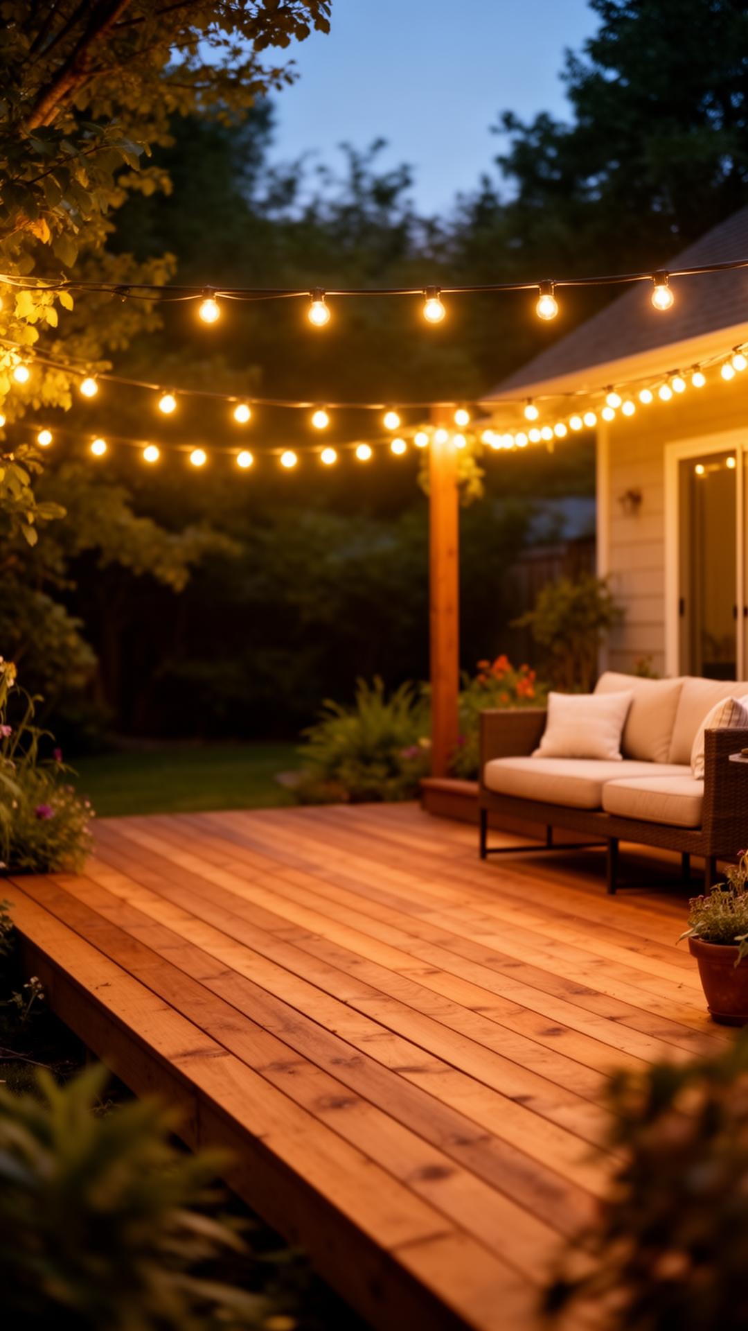 Warm outdoor living environment at dusk